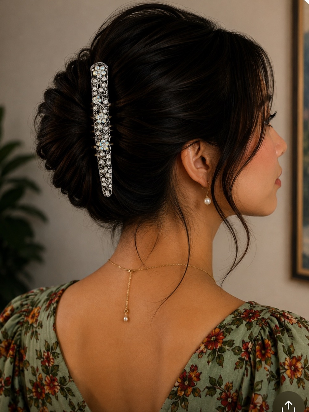 Vintage White Jeweled Floral Hair Barrette - Women Accessories